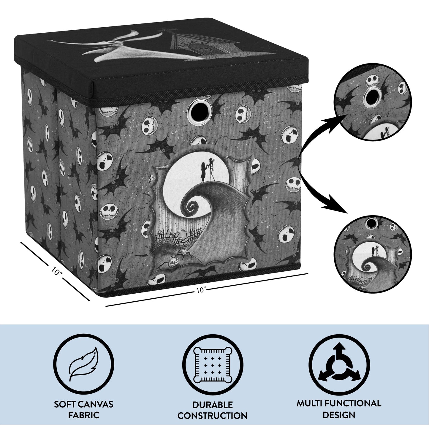 The Nightmare Before Christmas Collapsible Storage Cube with Removable Lid,10"x10"x10" Fabric Organizer Bin for Essentials