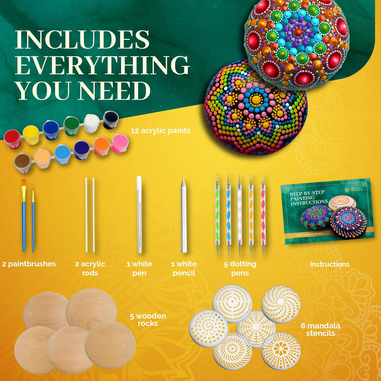 Mandala Rock Painting Kit – Mandala Dotting Tools Set - 5 Large Wooden Rocks + 6 Stencils + Acrylic Paints - Relaxing Arts and Crafts for Adults Women - DIY Hobbies Art and Projects Dot Art Kit