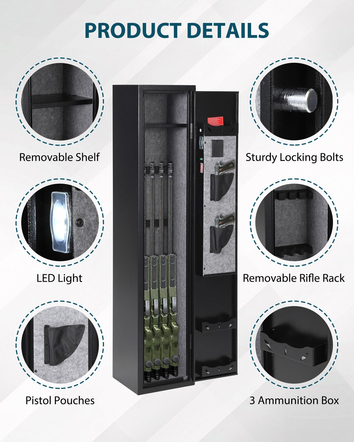 4 Gun Safe for Rifles and Pistols, Heavy Duty Steel Gun Cabinet, Large Digital Gun Locker with Adjustable Gun Racks & Removable Shelf, Anti-Theft Home Firearm Storage Safe