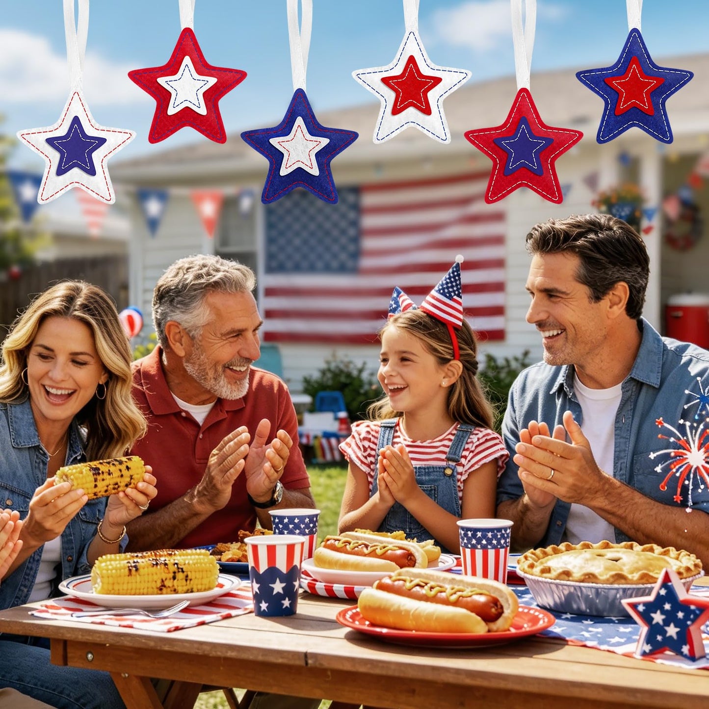 JANSUN Patriotic 4th of July Felt Star Ornaments 30 Pack Tree Hanging Star