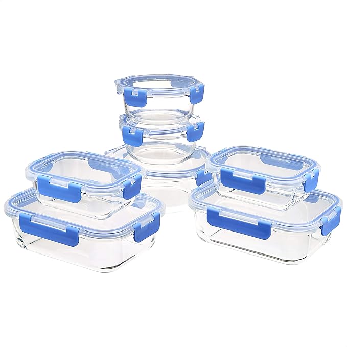 Amazon Basics Glass Food Storage Containers, Leak Proof, Oven Safe, Stain