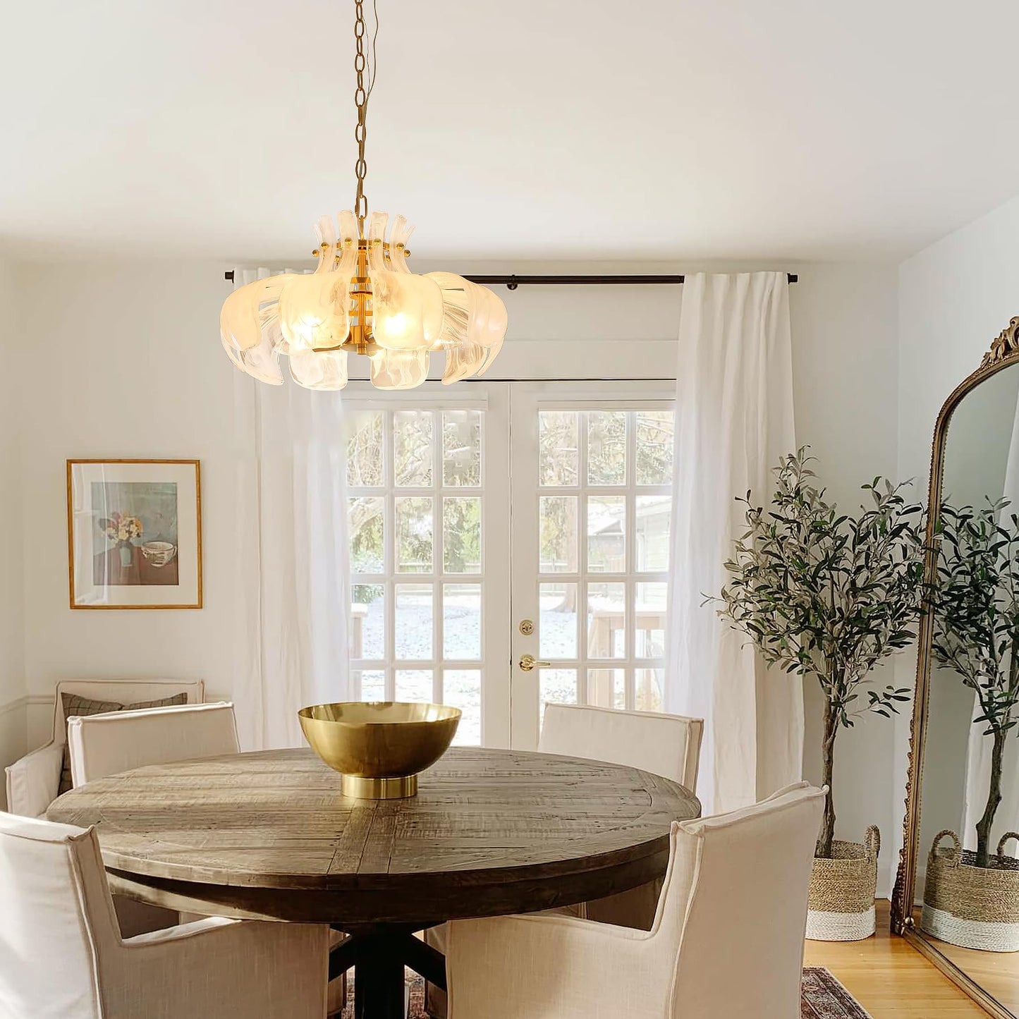 Wrlmfy Hammered Alabaster Glass Chandelier, 18" Hand-Blown Glass Pendant Brass Gold Hanging Lighting Fixture for Kitchen Island Dining Living Room Entryway, E12 Base (Gold & White Hammered Glass)