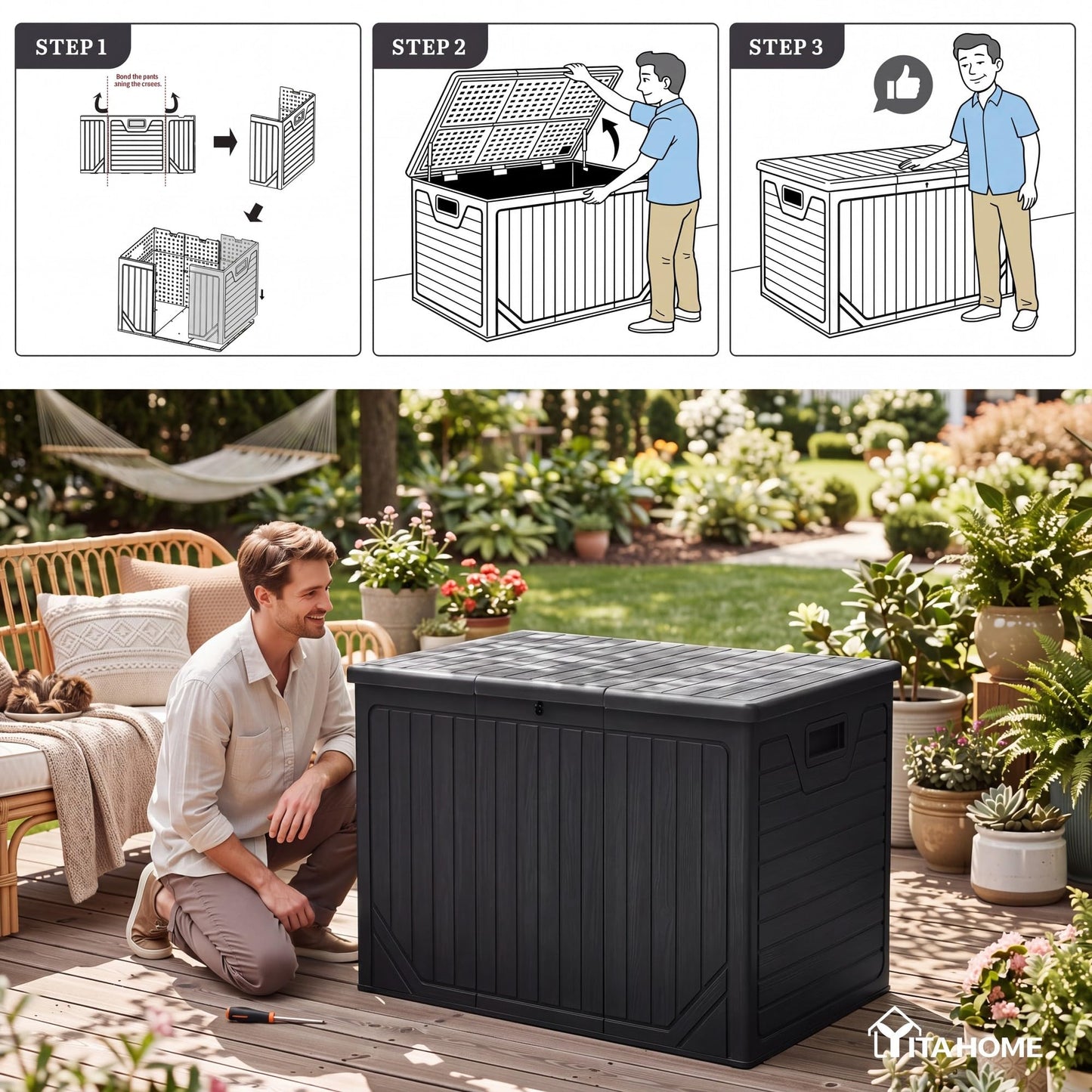 YITAHOME XXL 230 Gallon Extra Large Outdoor Deck Box, Lockable Resin Double-Wall Storage Box and Waterproof Patio Furniture Bin for Garden Tools & Pool Accessories, Black