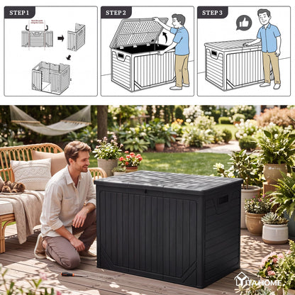 YITAHOME XXL 230 Gallon Extra Large Outdoor Deck Box, Lockable Resin Double-Wall Storage Box and Waterproof Patio Furniture Bin for Garden Tools & Pool Accessories, Black