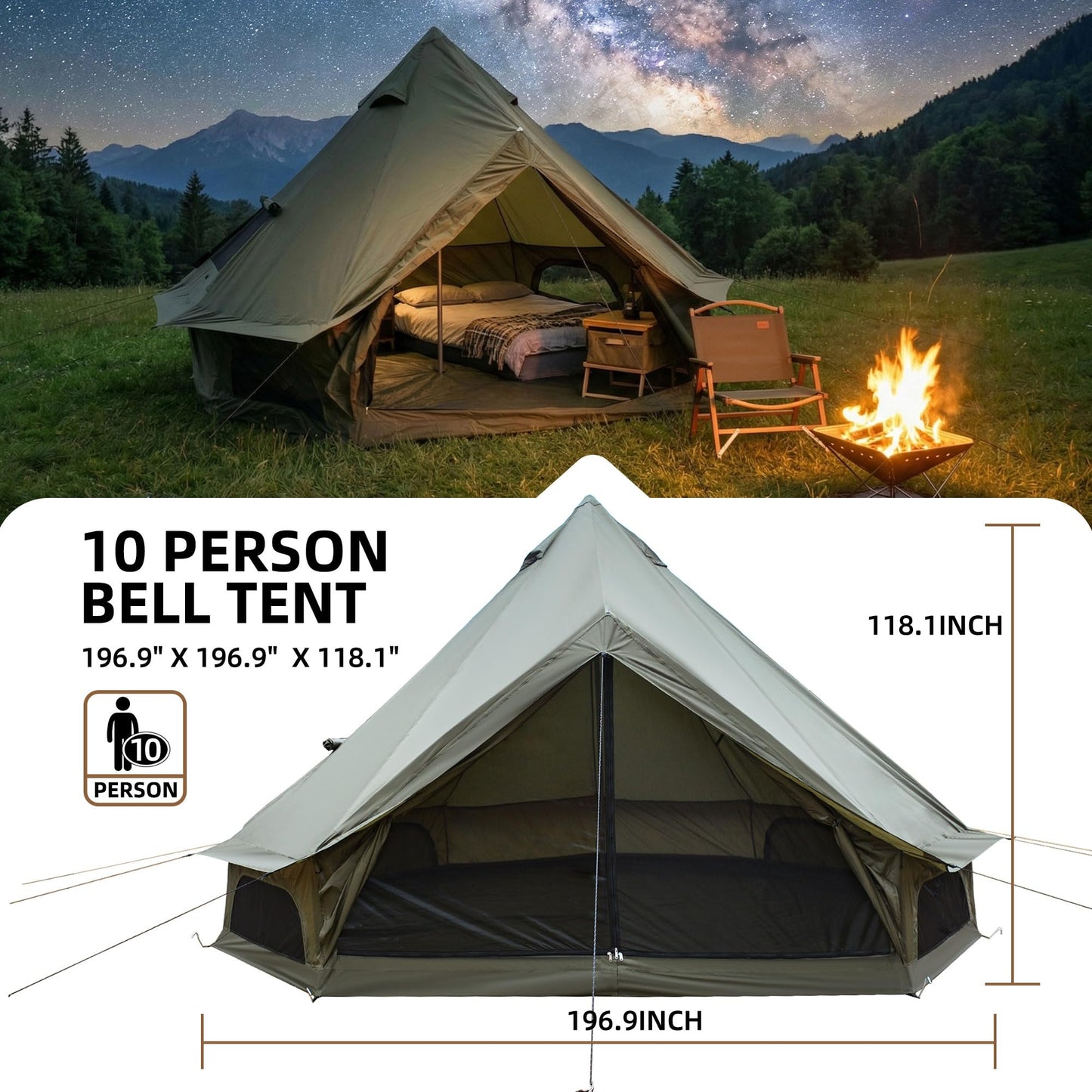 KEIKI 4 Season Canvas Bell Tent 16.4 FT Waterproof All Weather Glamping Yurt Tent, Luxury Hot Tent Stove Jack, Breathable Spacious Family Camping Teepee for 8 People Outdoor Hunting Party Event Green