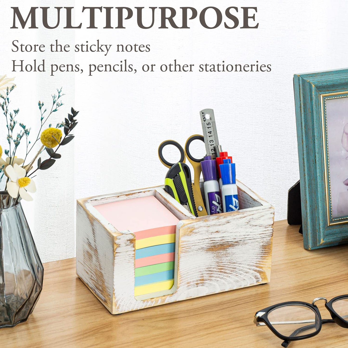 MyGift Shabby White Washed Solid Wood Sticky Note and Stationery Holder Stand, Office Desktop Storage Caddy for Self Adhesive Memo Pads Pen Pencil Marker