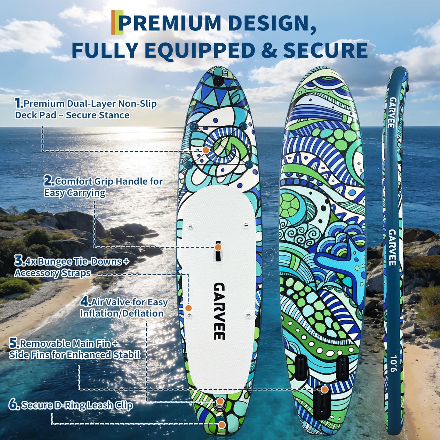 Inflatable Stand Up Paddle Board with Accessories 10'6", Fun-Ready Paddle Boards for Adults with Paddle, Fast Electric Pump, Hand Pump, Seat, CameraMount, Waterproof Phone Case, Fins, Leash, Carry Bag
