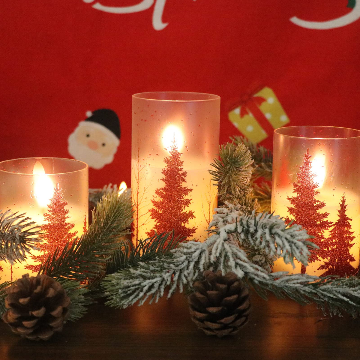 Wondise Glass Flameless Candles with Remote and Timer, Battery Operated Pine Tree Decals Pillar Candles for Home Decoration, Set of 3(D3 x H4/5/6 Inch)