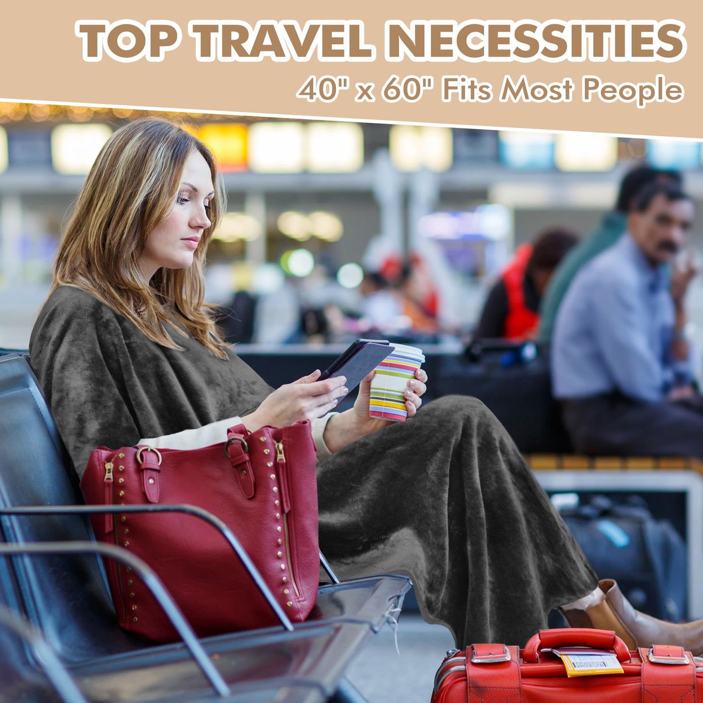 Tirrinia Travel Blanket Airplane Office Poncho 4 in 1 Premium Cozy Fleece Portable Poncho Blankets with Built-in Bag, Pocket