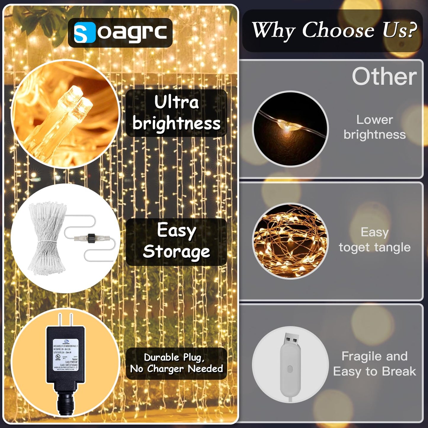 Soagrc 200 LED Warm White Curtain String Lights 9.8x6.6FT, Plug in Fairy Lights with 9 Hooks, Dimmable, Timer & 8 Modes, IP44 Waterproof, Bedroom Wall Wedding Party Christmas Indoor Outdoor Decor