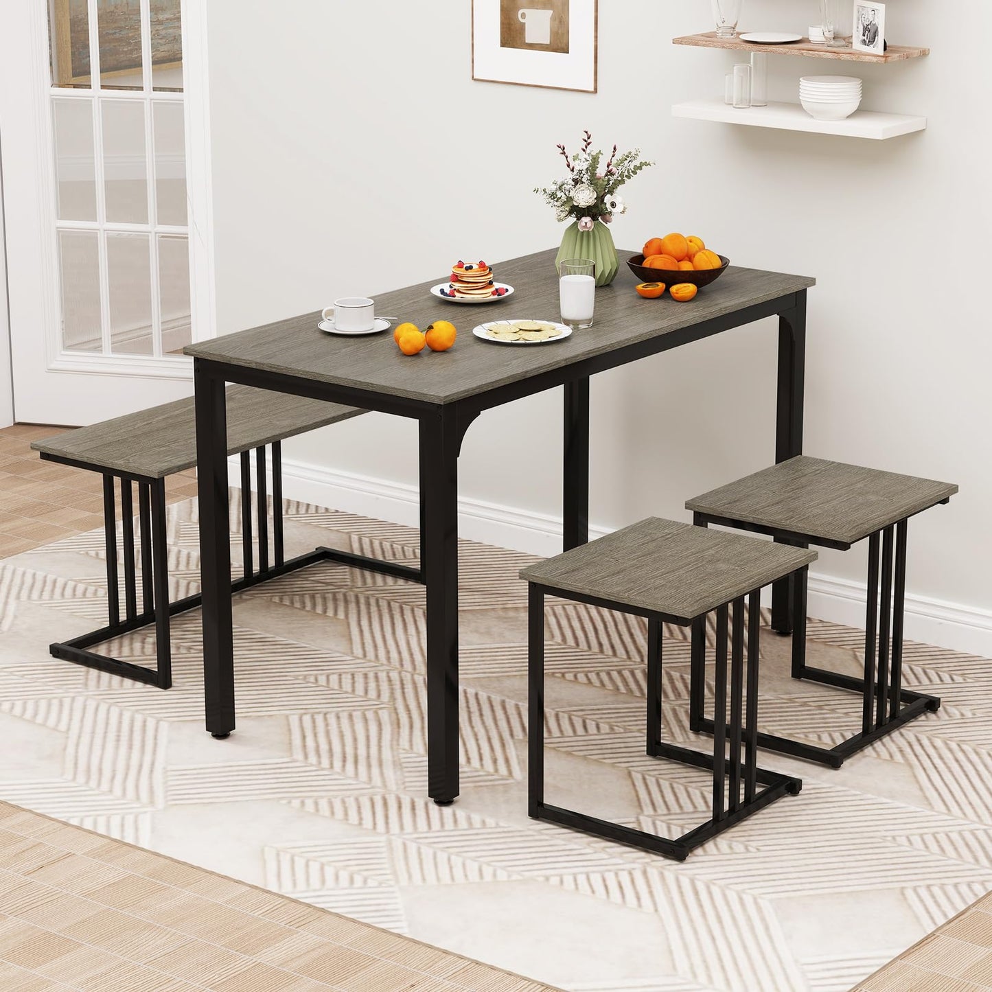 Giantex 4-Piece Dining Table Set for 4, Modern Kitchen Table and Chairs, Nesting Furniture Set with Bench & 2 Stools, Space-Saving Desk Set, Dinette Set for Small Place, Dining Room Restaurant (Grey)