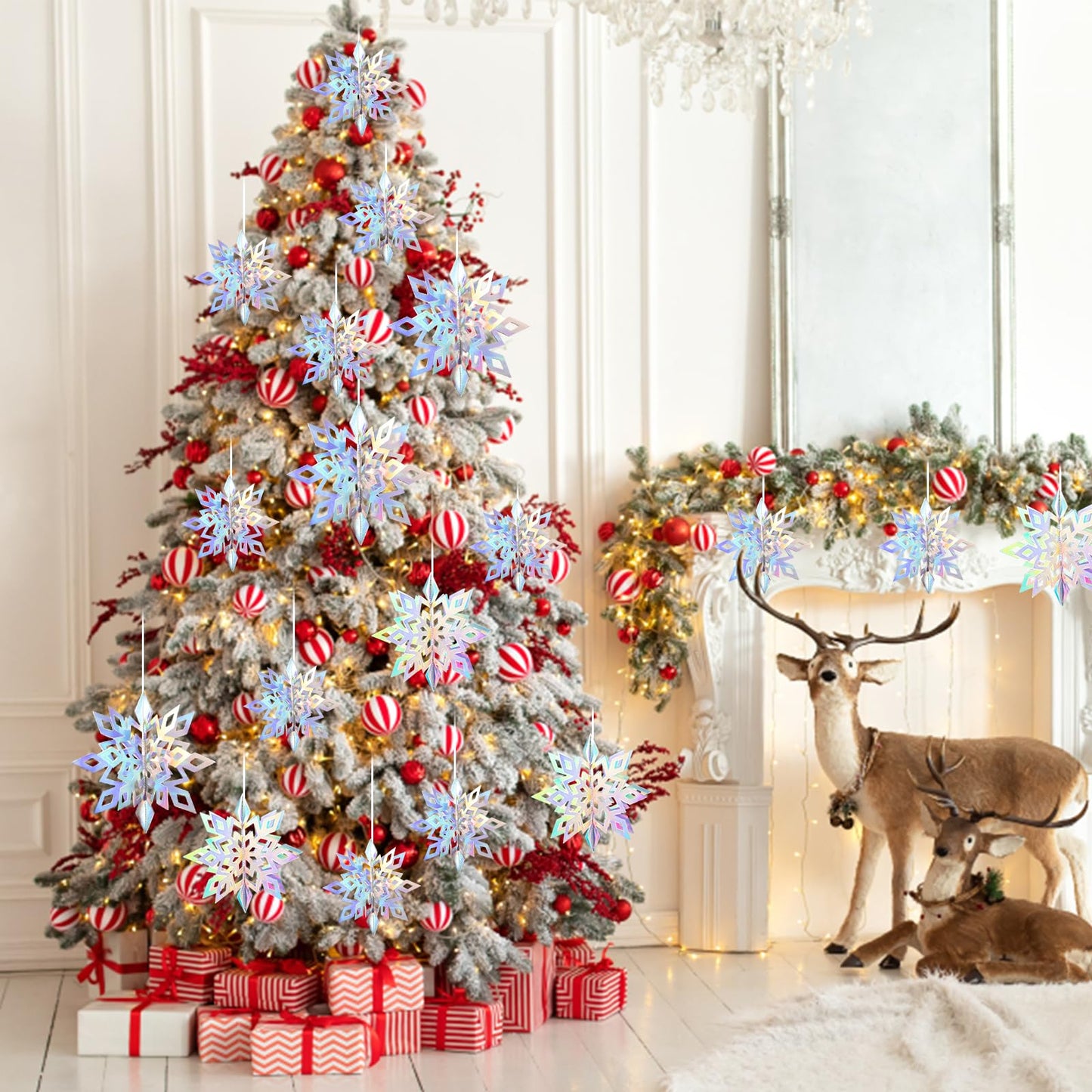 36PCS Christmas Snowflake Decorations, 3D Large Iridescent Paper Snowflakes Garland Hanging Snow Flakes for Winter Wonderland Christmas Party Decorations Holiday New Year Home Decor, Iridescent