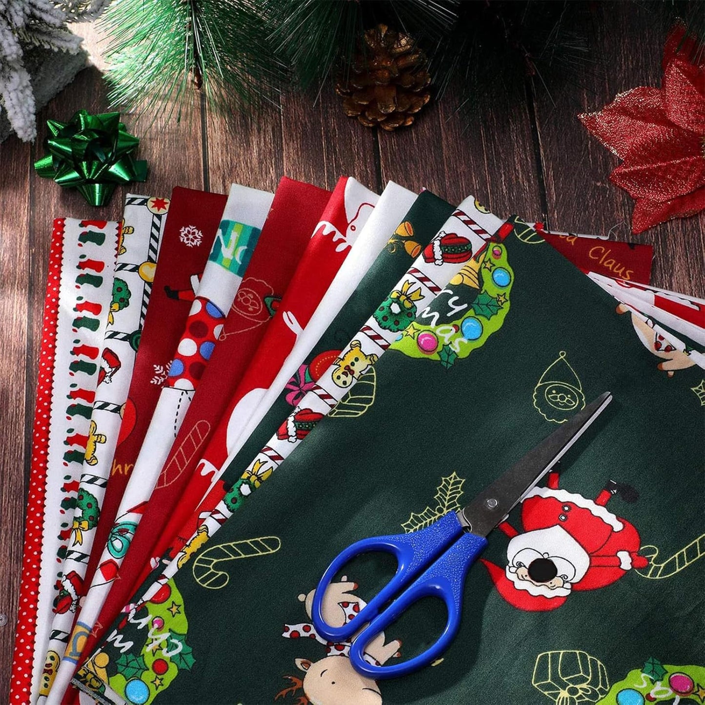 10 Pieces Christmas Cotton Fabric Bundles 18 x 22 Inch Quilting Fabric Sewing Squares Bundle Multicolor Patchwork Xmas Tree Fat Quarters Precut Santa Claus Scraps for Christmas DIY