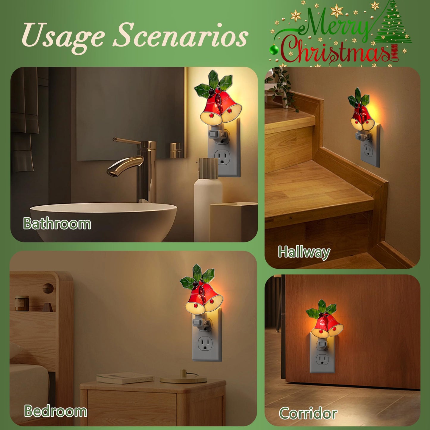 KUNDGLA Night Lights Plug into Wall Christmas Red Bell Stained Glass Night Light Plug in 7W Dusk Warm White Light Switch-On/Off for Adult Kids Room Bathroom Home Decor Gifts for Mom Grandkids