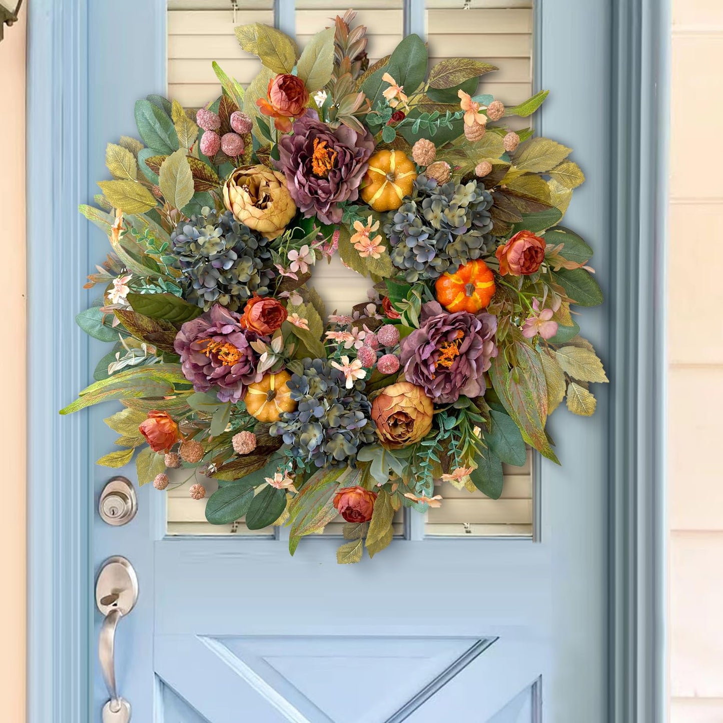 WANNA-CUL 24in Fall Front Door Wreath,Hydrangea Peony Pumpkin Harvest Decor