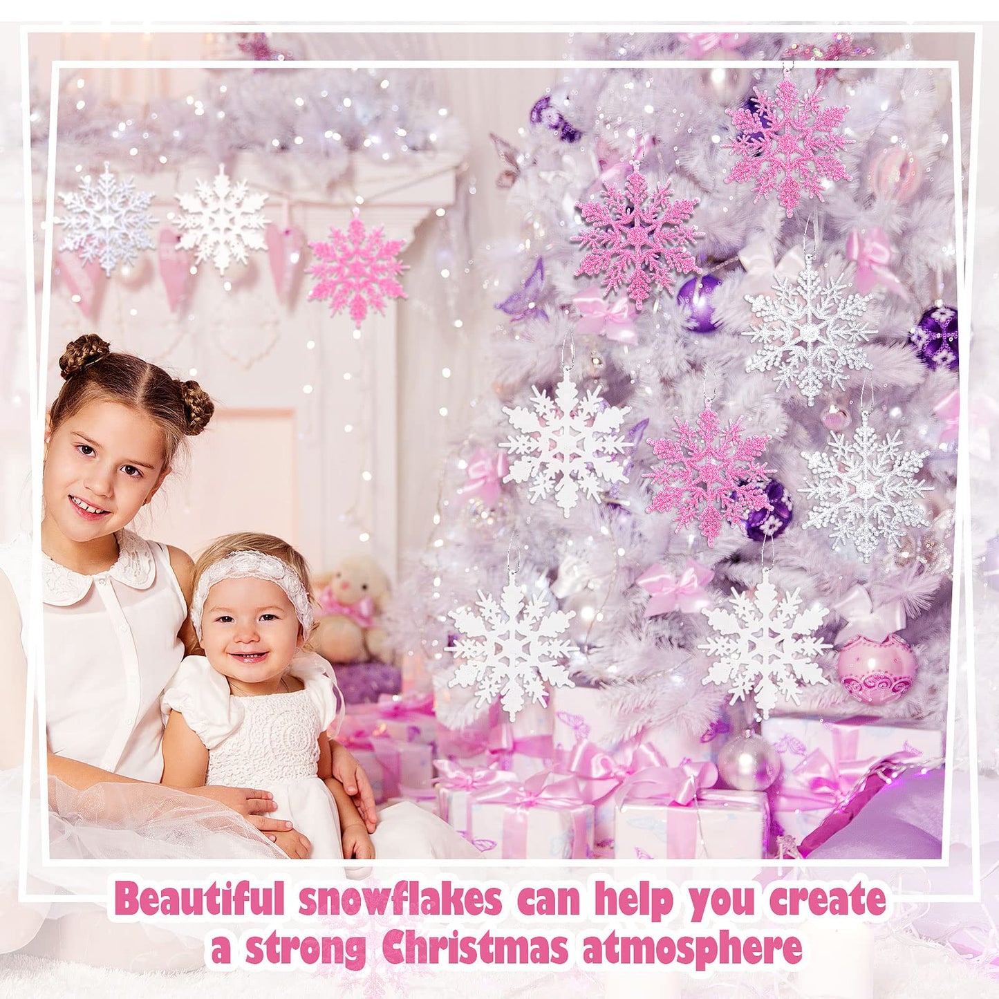 Sumind 36 Pieces Winter Plastic Glitter Snowflake Ornaments 4.92 Inch Pink, Silver, White, Snowflake Large Holiday Tree Decorations with 36 Pieces Ropes for Christmas Tree Wedding