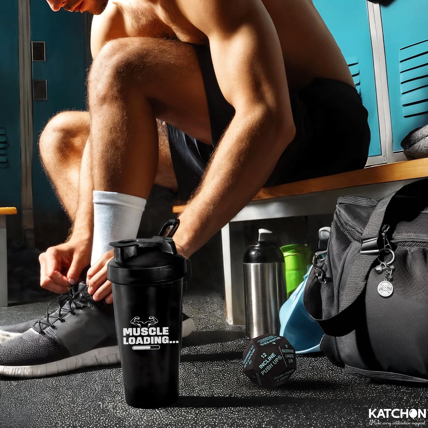 KatchOn, Fitness Gift Set – Pack of 4 | Gym Accessories for Men, with Exercise Dice | Valentine Gifts for Him | Workout Gifts for Men, Pre Workout Shaker, Dice and Dumble Keychains