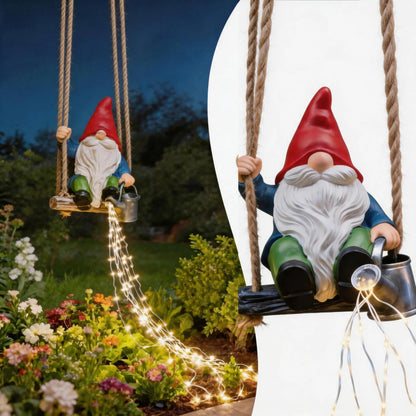 QCF Hanging Garden Gnomes Statues Solar Watering Can Fairy Lights, 6.7''H Swings Gnome Cascading LED Decor for Yard Balcony Backyard Tree Outside, Housewarming Birthday Gifts for Woman Mom Grandma