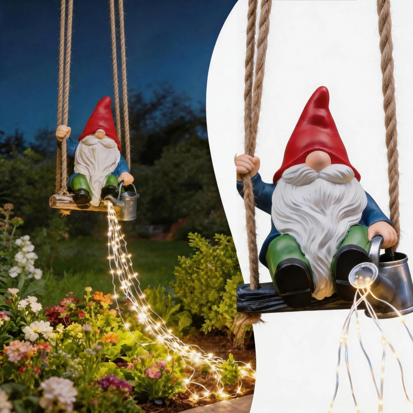 QCF Hanging Garden Gnomes Statues Solar Watering Can Fairy Lights, 6.7''H Swings Gnome Cascading LED Decor for Yard Balcony Backyard Tree Outside, Housewarming Birthday Gifts for Woman Mom Grandma