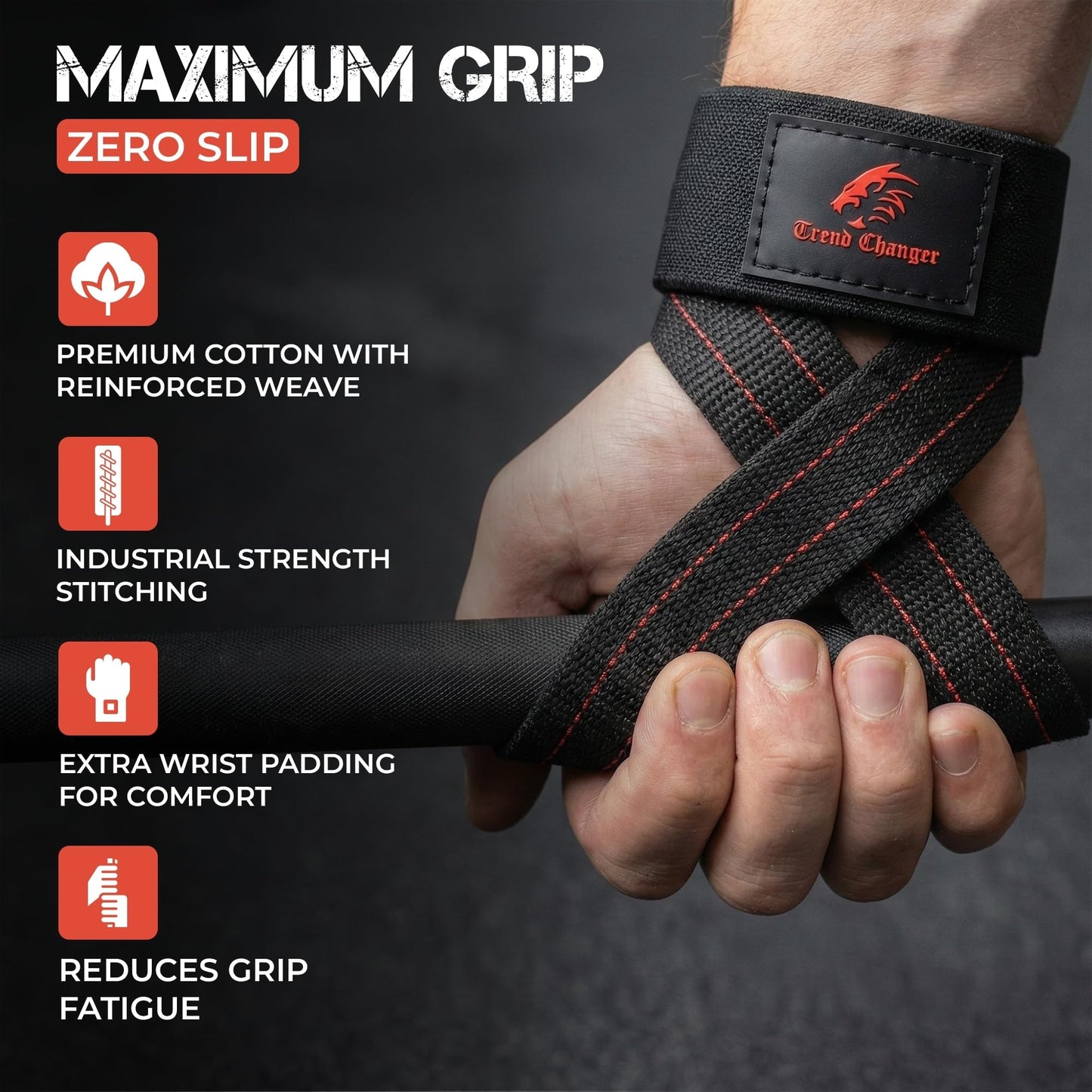 Trend Changer Figure 8 Lifting Strap Padded Deadlift Straps Heavy Duty Weight Lifting Straps Strongman Axle Bar Straps Weightlifting Wrist Wraps (Medium (Upto 8.0'' Wrist Circumference), Black/Red)