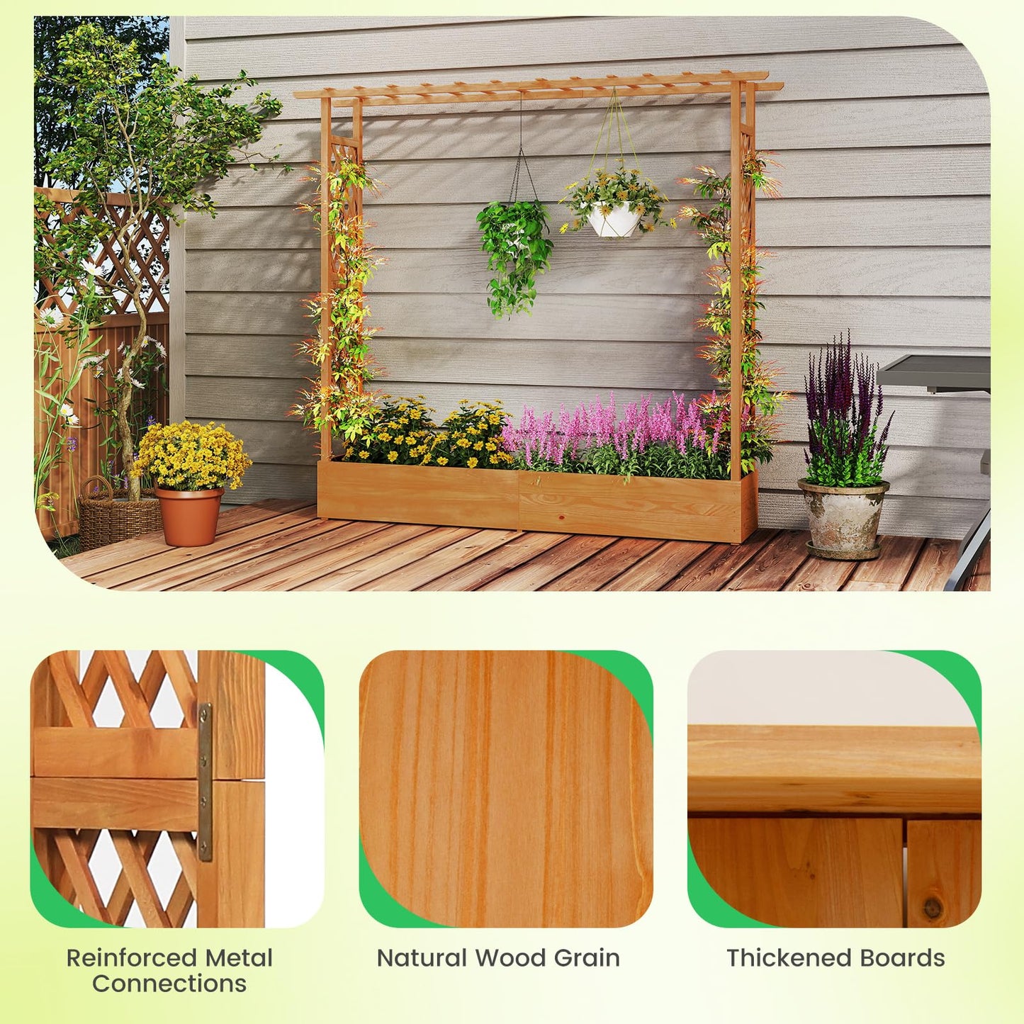 Giantex Raised Garden Bed with Trellis & Hanging Roof, Wood Planter Box with Bottom and Drainage Holes, Freestanding Garden Planter for Flower Vegetable Fruit Herb Climbing Vines, 77"x17"x70"