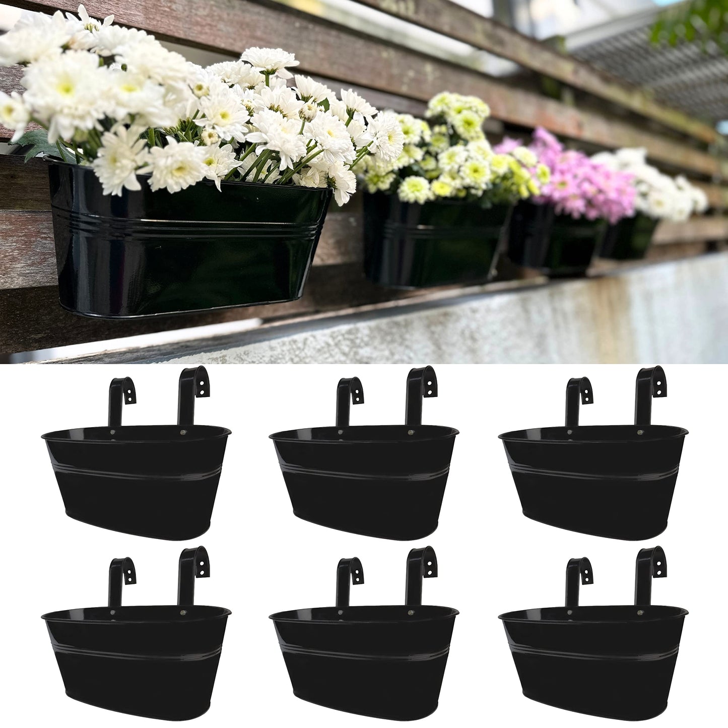 LaLaGreen Rail Planter Outdoor Plants (6 Pack, 9.8 Inch) Small and Cute Black Metal Iron Hanging Flower Pot Deck Railing Fence Buckets Countryside Style Window Box Plant Holder Hooks Porch Decor