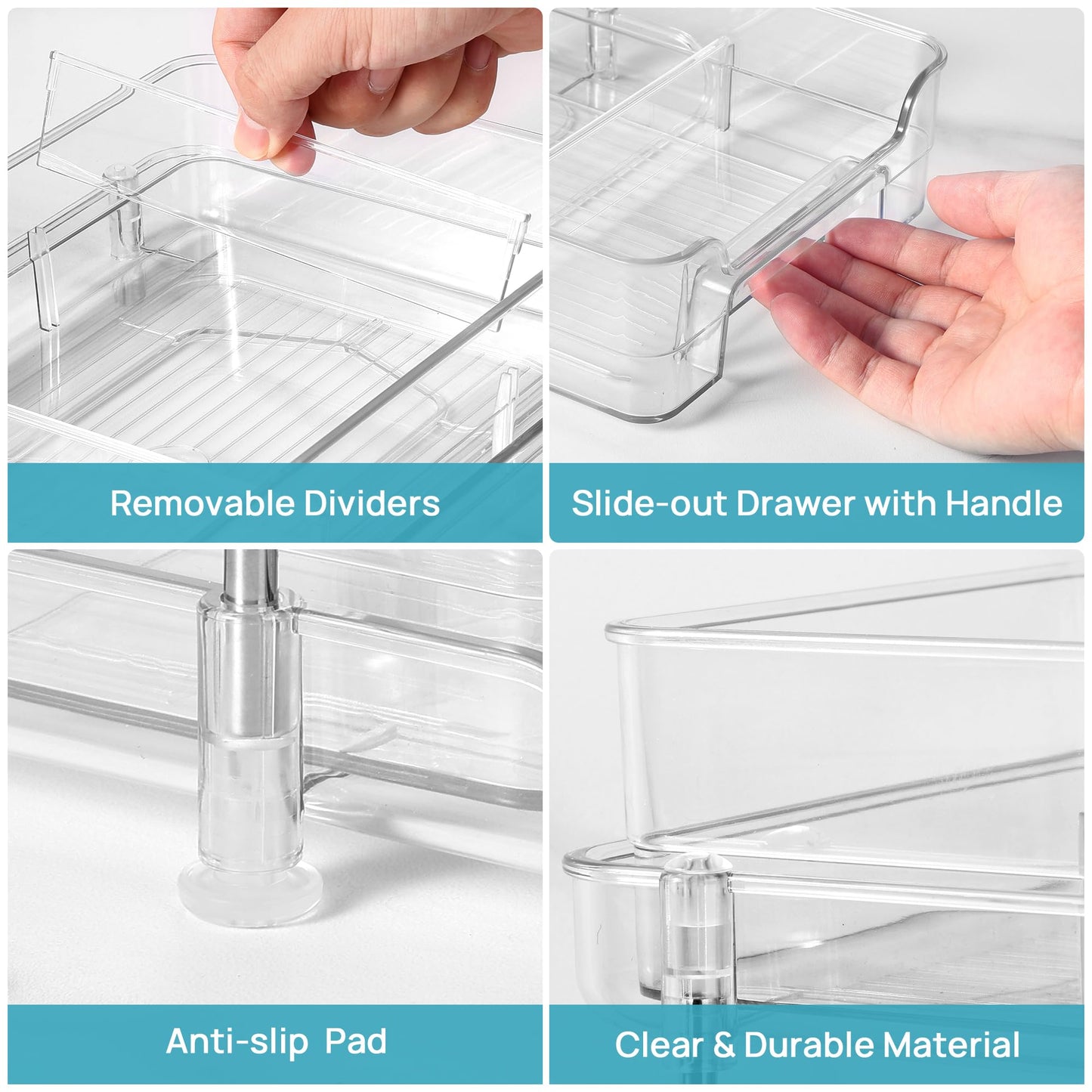 Vtopmart 4 Pack Bathroom Organizer, 2 Tier Clear Under Sink Organizers Vanity Countertop Storage Container,Cabinet Drawers Bins, Pull-Out Organization with Track for Pantry, Kitchen