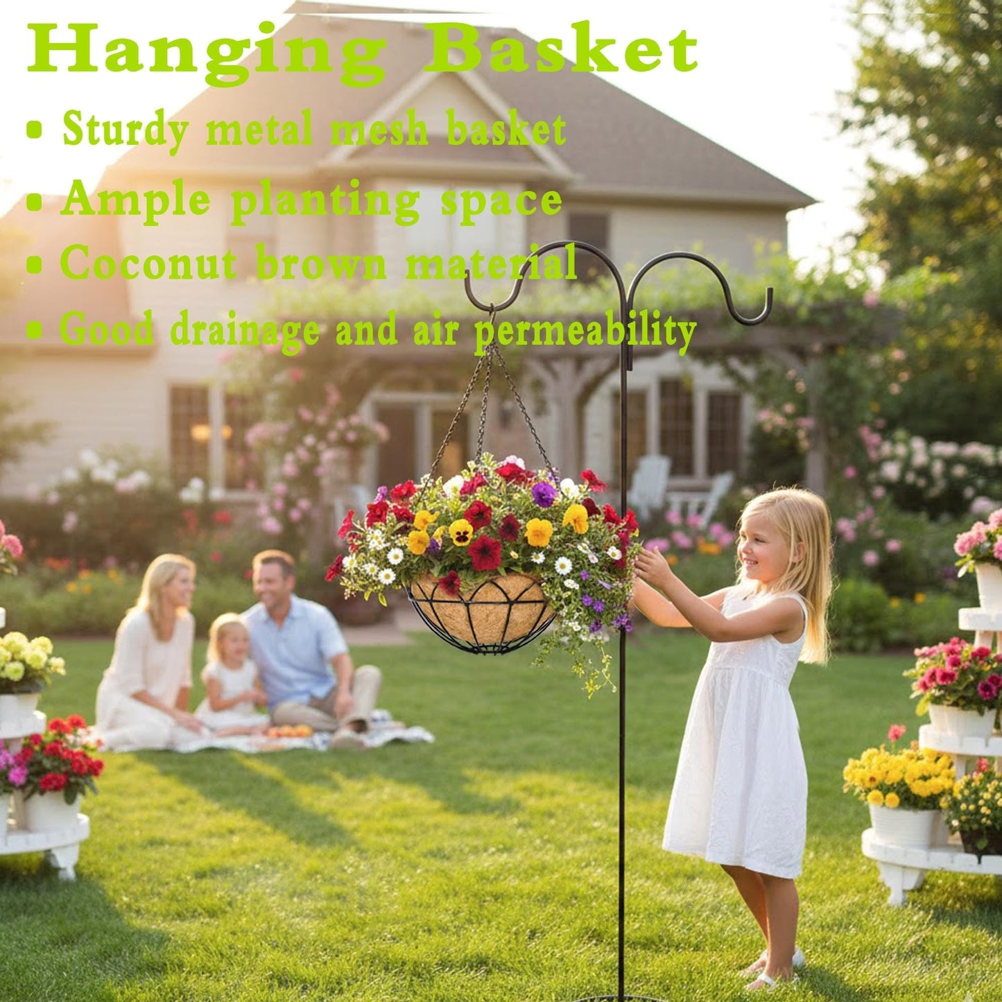 JFFLYIT 4 Pack 14 Inch Black Wire Hanging Planter with Coir Fiber Outdoor Round Hanging Basket with Metal Chain for Balcony Porch Farmhouse Country Style Garden Decor (Lotus Pattern)