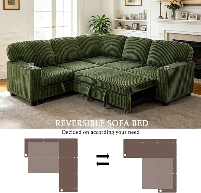 L-Shaped Sectional Couch with Storage and Pull Out Bed, Convertible Sofa Bed