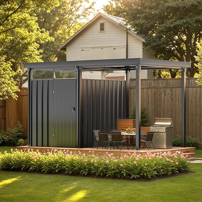 Patiowell 2-in-1 Outdoor Storage Shed, 7' x7' Galvanized Steel Metal Shed with 7' x 7' Porch Pergola Gazebo Outdoor Studio Open-Sided Firewood Shed for Backyard Patio Garden Lawn