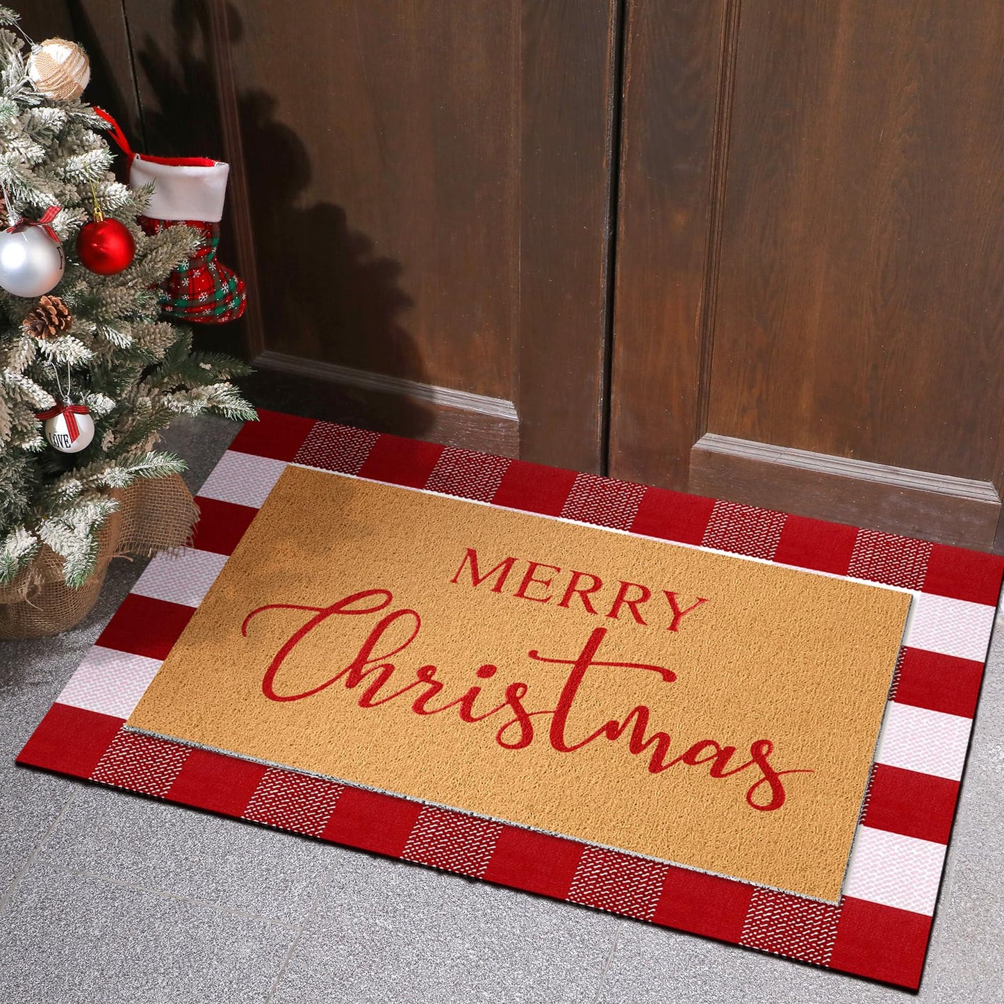 Duraaamo 2 Pcs Christmas Doormat Merry Christ Non Slip Outdoor Rug Xmas Welcome Layered Buffalo Floor Mats for Front Porch Entryway(Red White,Plaid)