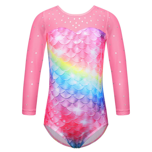 TFJH E 3/4 Sleeve Giirls Leotards Gymnastic Apperal Athletic Clothes Tumbling Wear Rainbow Rose Scale 4A