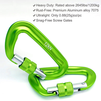 Outmate 12kN 3.2"x2" Heavy-Duty Carabiner Clips - Durable, Lightweight Aluminum Alloy Carabiners for Hiking, Camping, Keychains, Dog Leashes, Hammocks & More(Screw gate,2 Grass Green)