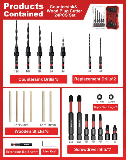 EZARC Countersink Drill Bit Set, 24 PCS Tapered Drill Bits Counter Sink Drill Bit with 6PCS Wooden Sticks 1/4" Hex Shank Quick Change for Woodworking with Storage Box