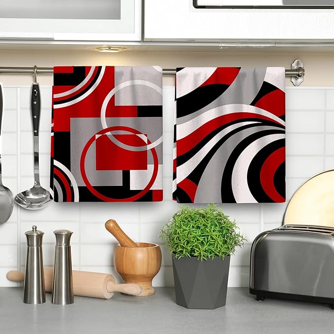 Red Black Grey White Kitchen Dish Towels Set of 4, Soft Absorbent Modern