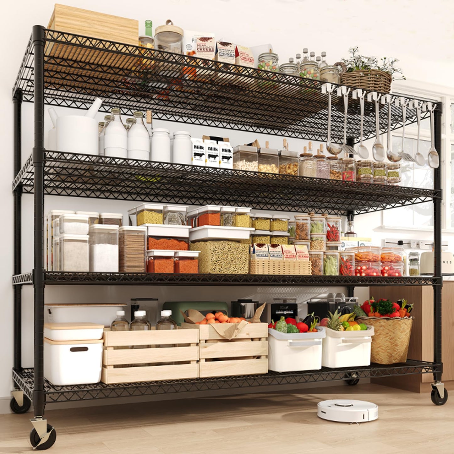 IDEALHOUSE Storage Shelves with Wheels, 74" H x 59" W x 24" D 4 Tier Adjustable Wire Shelving Unit, 2640 Lbs Capacity Heavy Duty Metal Storage Rack for Garage, Pantry, Kitchen, Warehouse