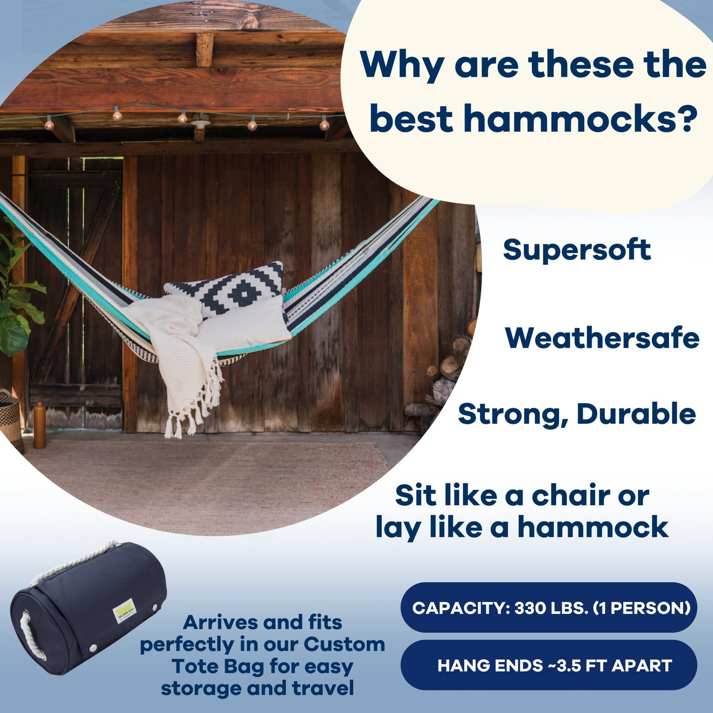 Handwoven Hanging Chair by Yellow Leaf Hammocks - Fits 1 Person, 330lb Max - Kick Back for Full-Body Recline - Weathersafe, Ultra Soft, Hang Anywhere - Color: Turquoise - Black -White