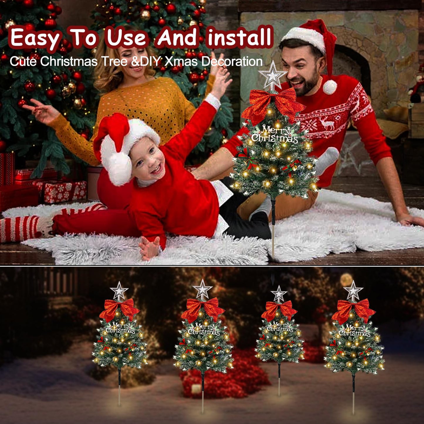 TAILERRI Christmas Tree Solar Pathway Lights, Waterproof Outdoor Decorations, Mini Xmas Tree Stake Lights with DIY Ornaments for Garden, Yard, Porch (Snowy Tree, 4 Pack)