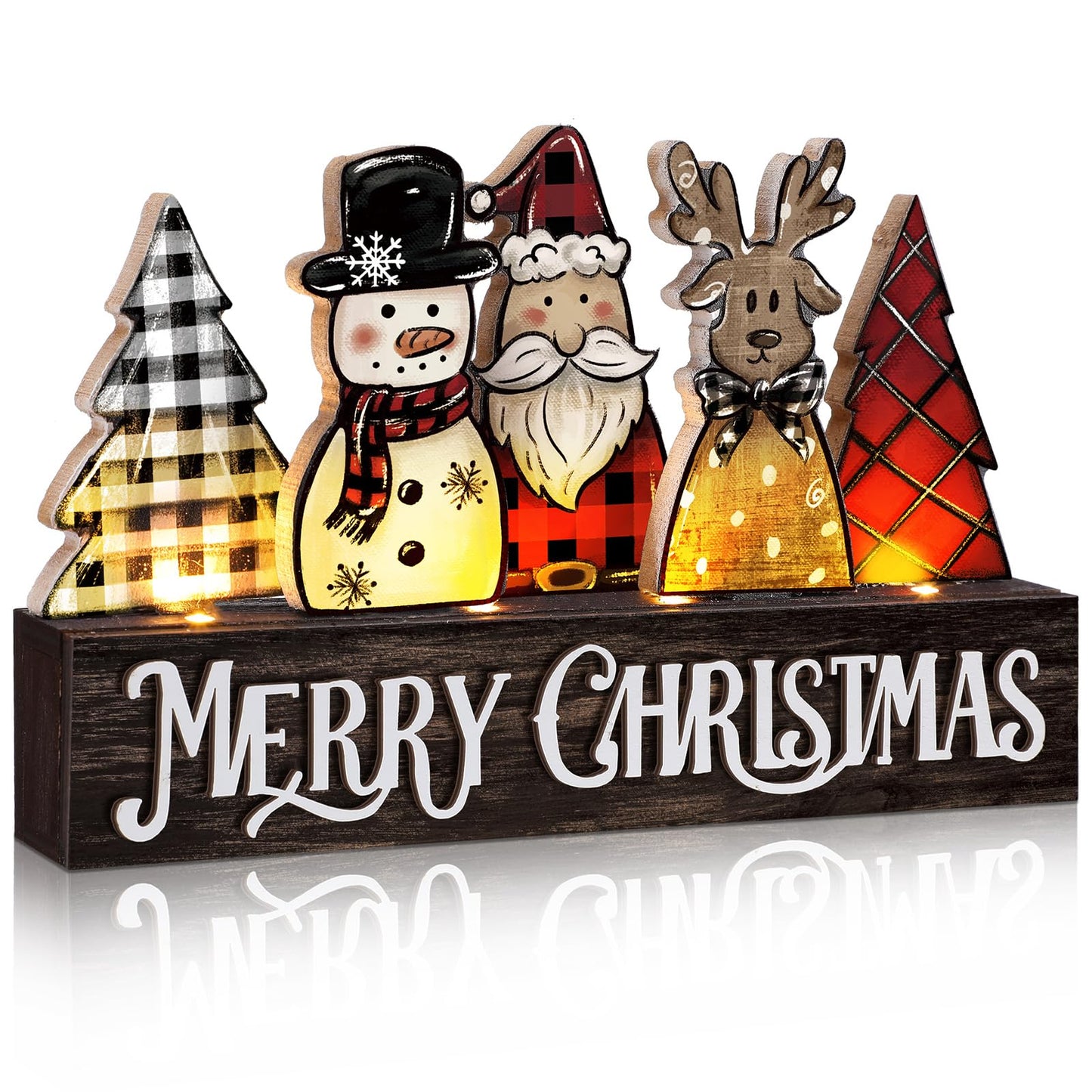 Chunful Lighted Wooden Christmas Tree Decor Rustic Christmas Tabletop Decoration Sign Xmas Tree Santa Reindeer Snowman Table Centerpieces for Home Office Fireplace Farmhouse Xmas Party Table Decor