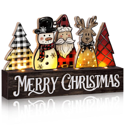 Chunful Lighted Wooden Christmas Tree Decor Rustic Christmas Tabletop Decoration Sign Xmas Tree Santa Reindeer Snowman Table Centerpieces for Home Office Fireplace Farmhouse Xmas Party Table Decor