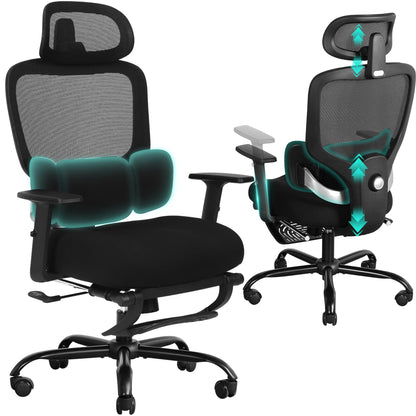 Ergonomic Office Chair with Footrest, Mesh Desk Chair with Adjustable Headrest & Armrests & Dynamic Floating Wing Lumbar Support, High Back Computer Chair for Home Office, BIFMA Certified, Black