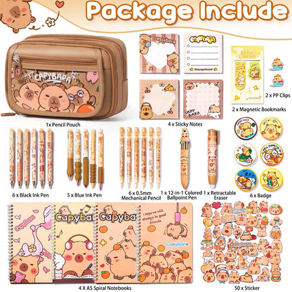 Kid School Supplies for Girl Age 5 6 7 8-12 13 14 Year Old, 36PCS Kawaii Tween Teen Girl Birthday Easter Gift Cute Capybara Stationery Set w/Pencil Case Gel Pen Pencil Sticker Notebook Sticky Note
