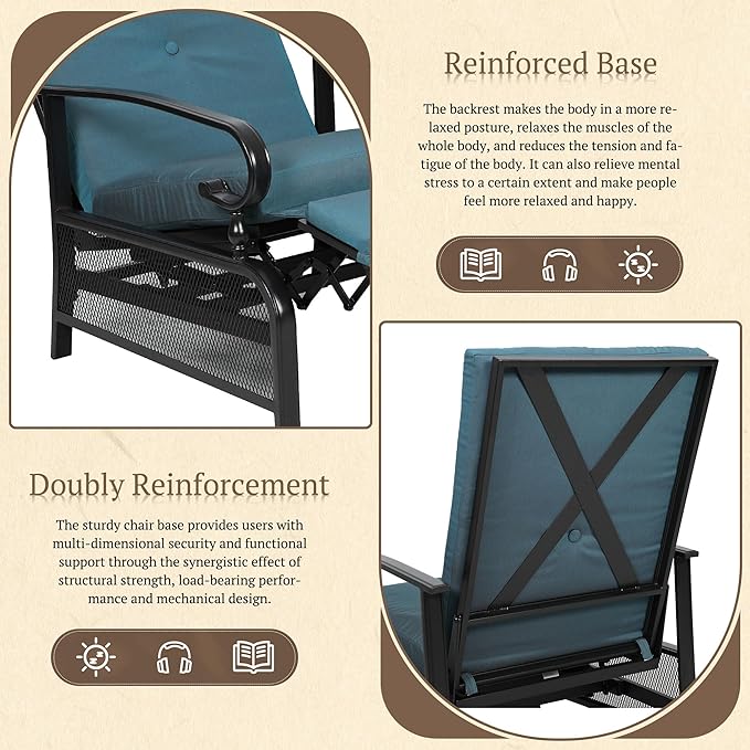 Oakcloud Adjustable Outdoor Lounge Chair Metal Patio Relaxing Recliner Chair Set with Bistro Table and Removable Cushions(Peacock Blue)