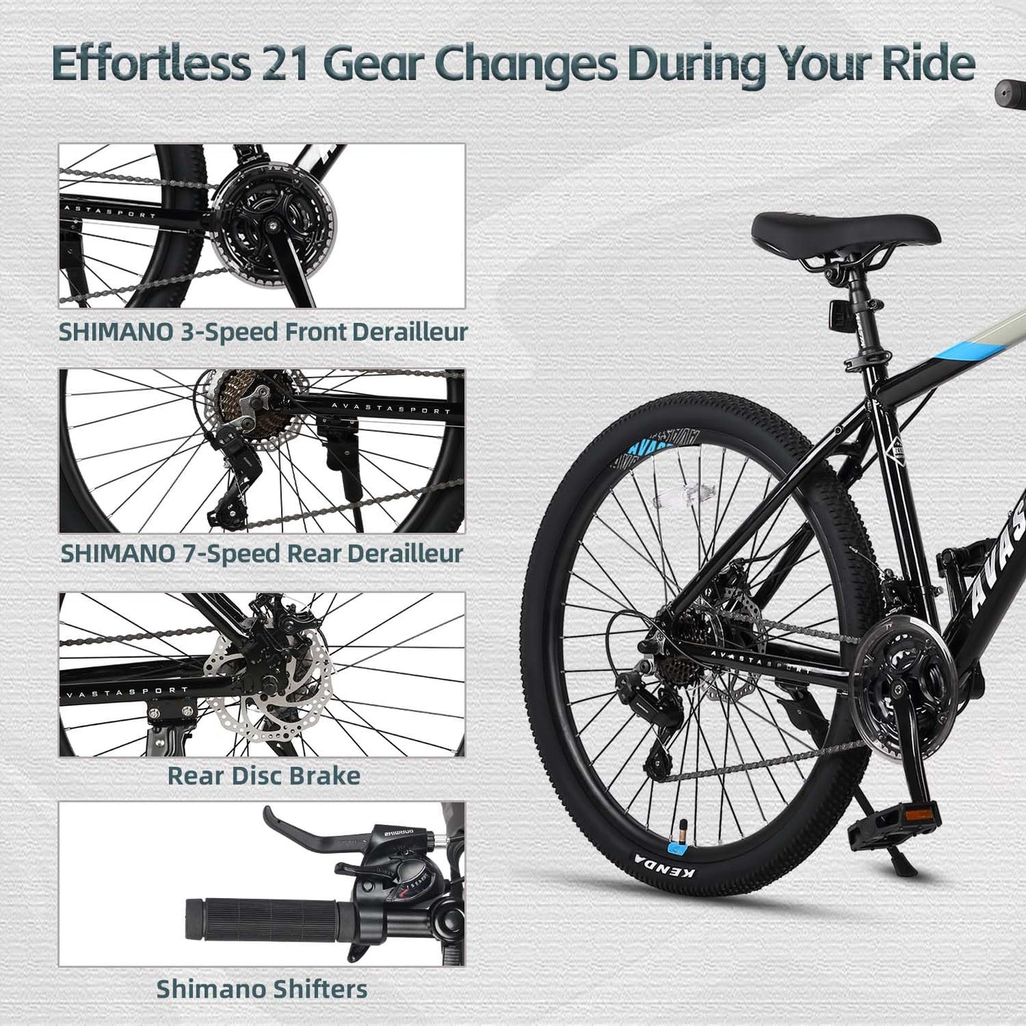 AVASTA 27.5-inch Mountain Bike for Man Male and Woman Female Adult with Lightweight Aluminum Alloy Frame and Dual Disc Brakes,Front Suspension,21-Speed Gear Shifters,Hidden Brake Cables,Grey