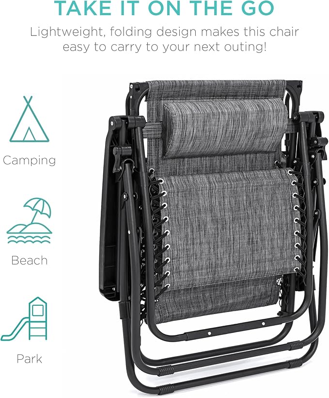 Best Choice Products 30” Wide Folding Zero Gravity Outdoor Recliner Patio Lounge Chair w/Adjustable Canopy Shade, Headrest, Side Accessory Tray - Gray