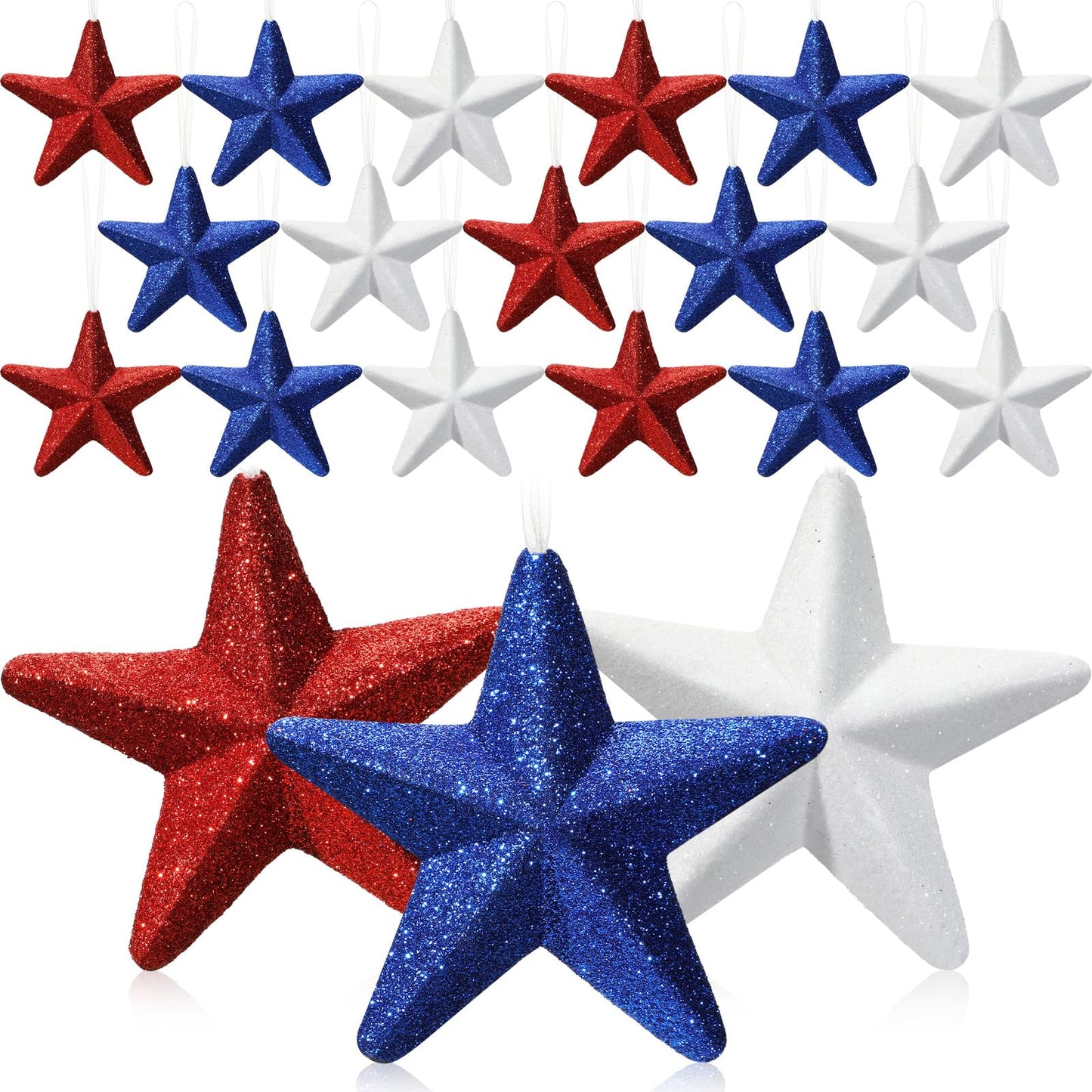 24 Pcs 4th of July Large Star Ornaments, 4.3 Inch Patriotic Hanging Glitter Star Red White Blue Tree Decor for Independence Day, 250th Anniversary, Memorial Day Home Party Decor