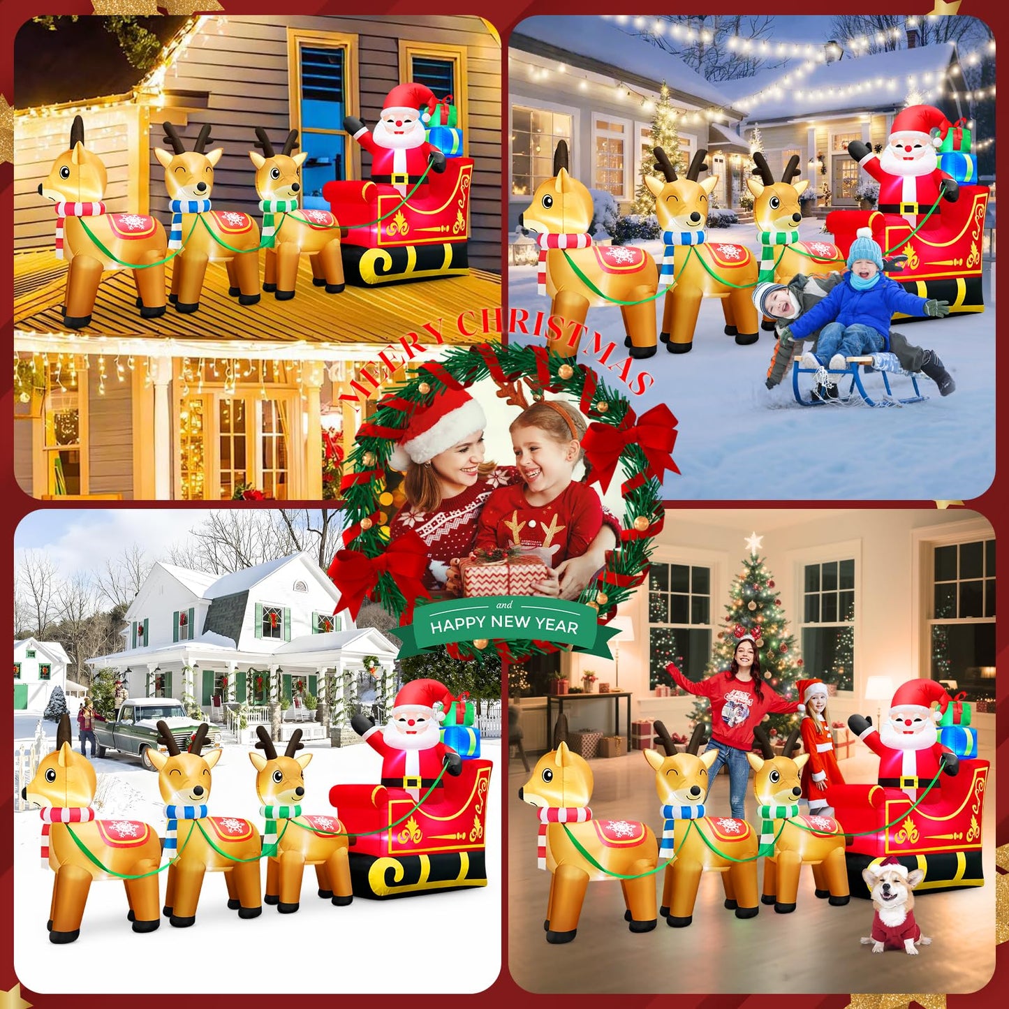 12 Foot Long Christmas Inflatables Santa Claus & Reindeer Sleigh Outdoor Decorations, Built-in LEDs Giant Funny Sled Merry Xmas Blow Up Yard Decoration Winter Inflatable Vacation Lawn Outside Blowups