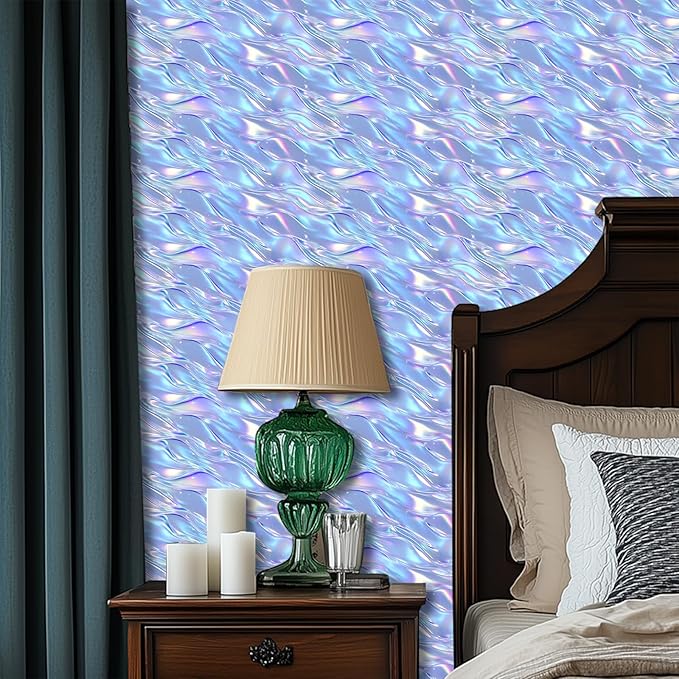 HOMETITUTE Shimmering Lilac Blue Wave Pattern Wallpaper Peel and Stick Contact