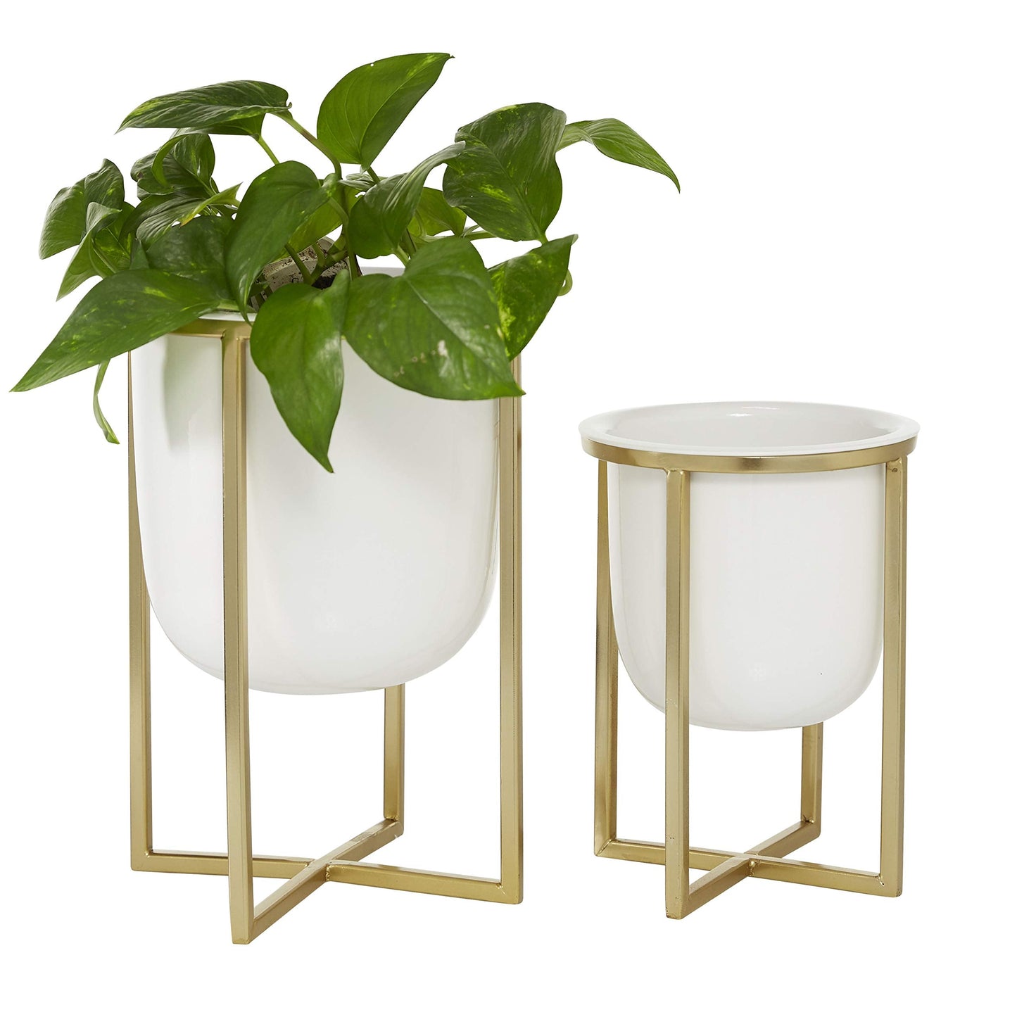 CosmoLiving by Cosmopolitan Metal Indoor Outdoor Planter Dome Small Planter Pot with Gold X-Shaped Stands, Set of 2 Planters 12", 10"H, White