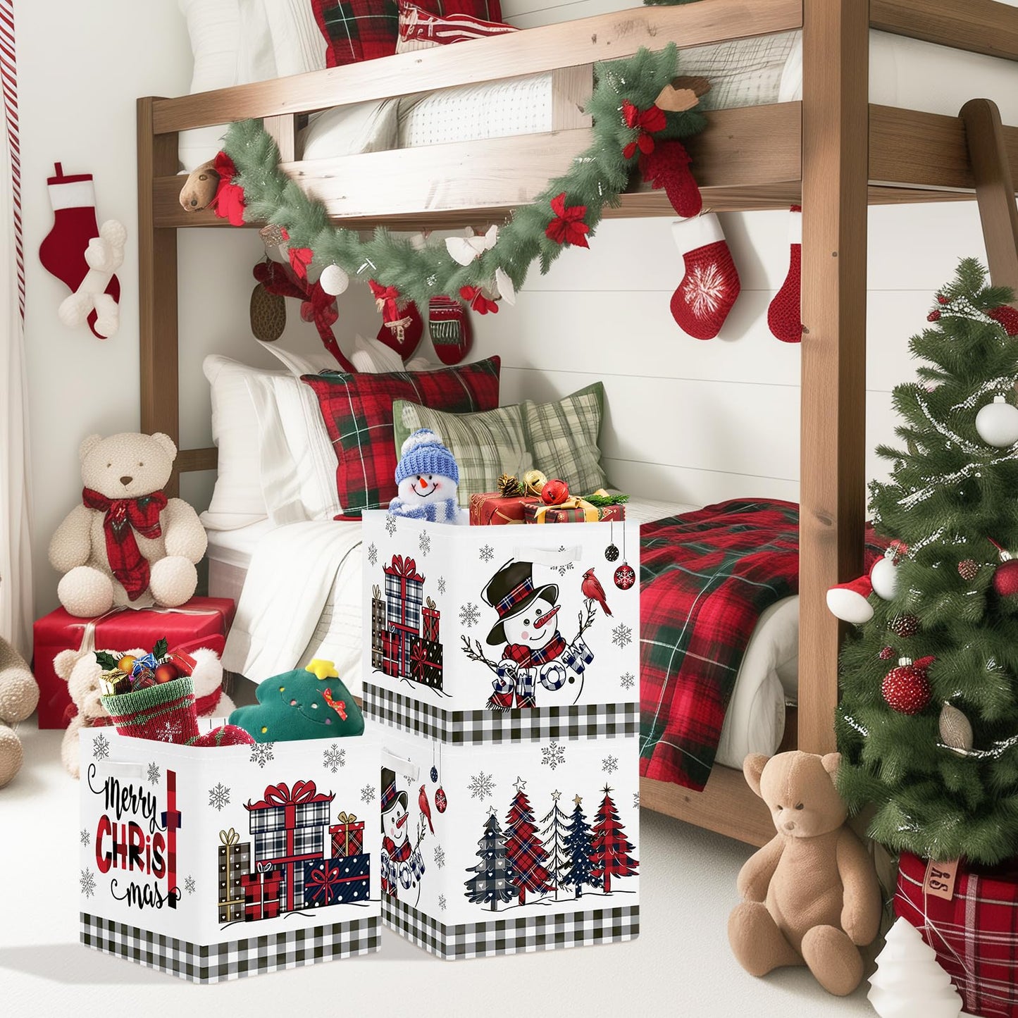 Clastyle 3 Pcs Large Christmas Tree Storage Basket Set Santa Claus Candy Snowman Book Toy Basket Snowflake Xmas Gift Storage Bins Boxes for Laundry Nursery Home,Red Black Snowman,11.8x11.8x11.8 in